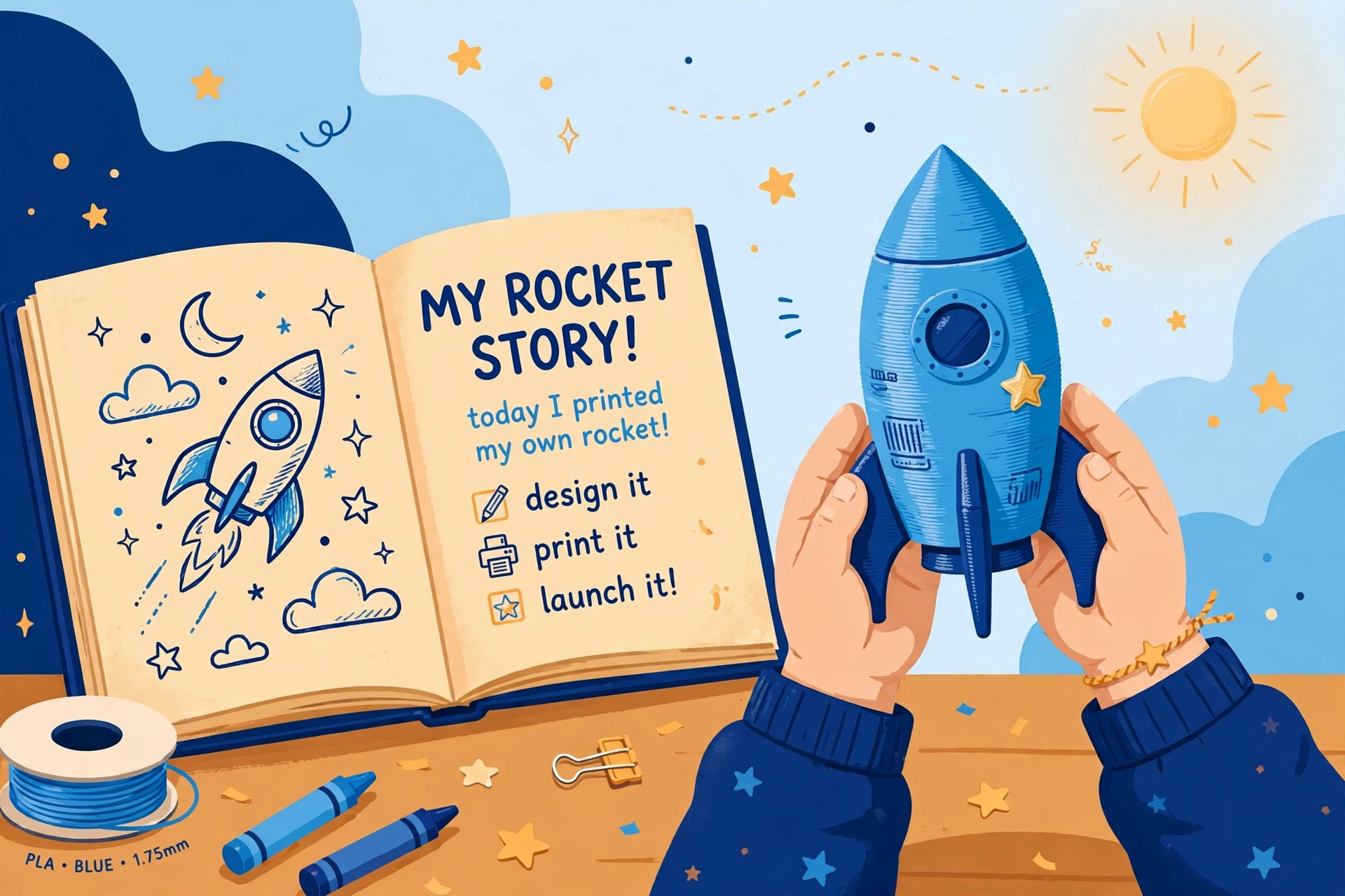 Child's hands holding a small blue 3D printed rocket next to an open storybook